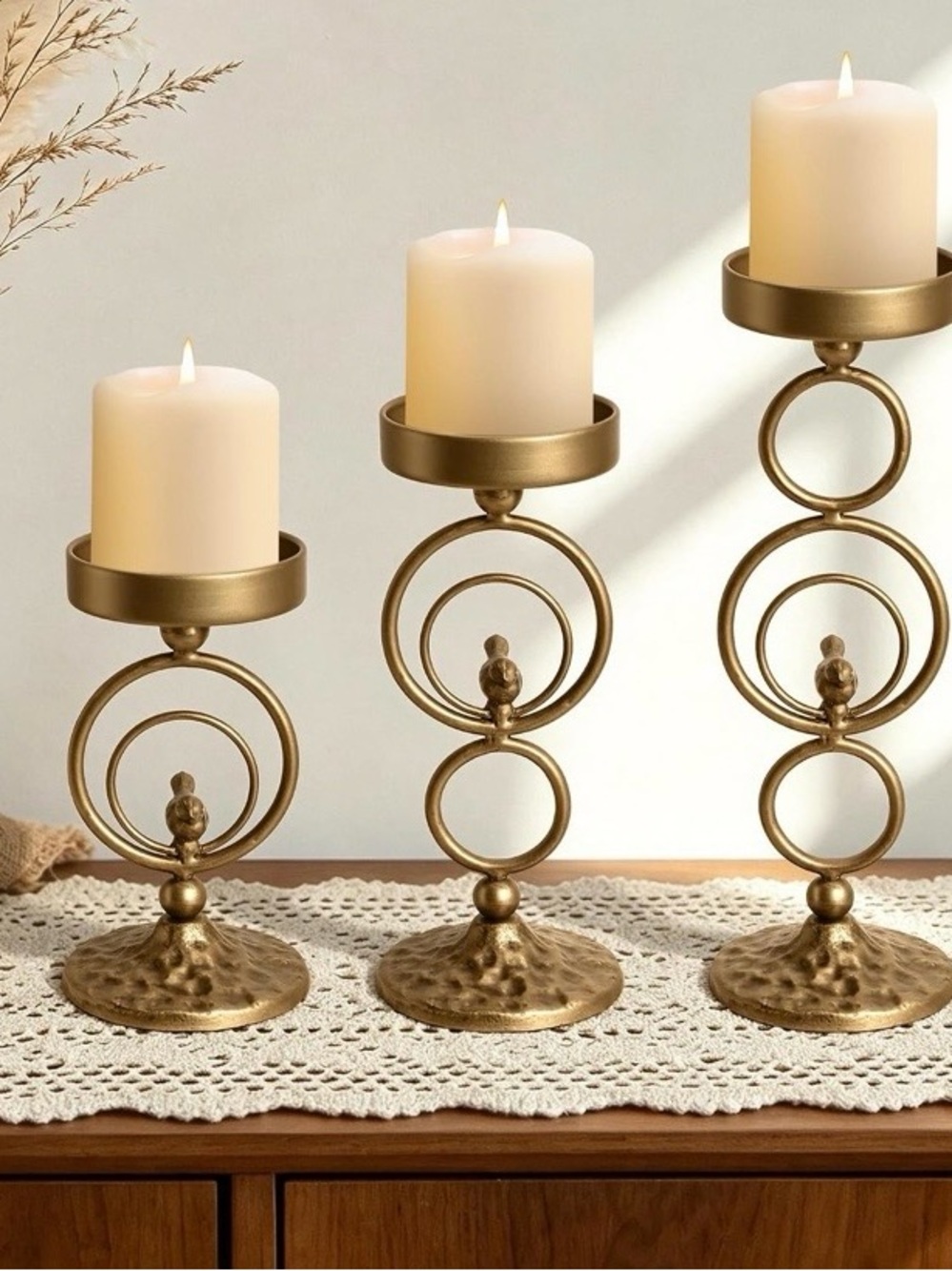 New 3 Brass Candle Holders, Cast Iron Pillar Candle, metal vintage decor